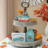 Thanksgiving Fall Tiered Tray Decor Set, 17Pcs Blue Fall Wood Signs Decor, Maple Leaves, Buffalo Plaid Pumpkins, Truck Book Stack Wooden Signs, Autumn Thanksgiving Farmhouse Table Decor Sign For Home Decor