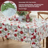 Merry Christmas Stocking Holiday Vinyl Tablecloth With Flannel Backing – Festive Wreaths, Poinsettias & Noel Script, Easy-Care Wipe Clean Table Cover, 60 X 120 Inch Rectangle