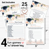 Blue Bridal Shower Games Bundle - 25 Each Of Guess The Cake, Word Scramble, Famous Pairs & Wedding Name Game - Double-Sided Cards For Engagement Parties & Rehearsal Dinners - Rustic Floral Design