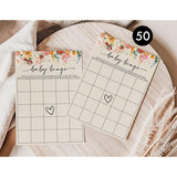 Wildflower Bingo Game, 50 Cards, Fun Activity, Girl, Boho Theme Decorations, A Little Wild Flower Is On The Way, Floral Baby In Bloom