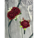 Burgundy Rose Corsage And Boutonniere Set With Baby'S Breath For Wedding Flower Accessories Prom Suit Decorations