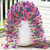 Artificial Fake Hanging Flowers Plants For Outdoor Summer Decoration, 2 Pcs Faux Silk Red Purple Morning Glories, 29.5'' Uv Resistant Realistic For Outside Planter Porch Patio Balcony Decor