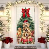 Golden Retriever Christmas Door Cover Decoration, Coquette Bow Xmas Tree Santa Dogs Front Door Covers Banners Photography Background Decor For Indoor Outdoor Xmas Party Decoration, 35*79 Inch