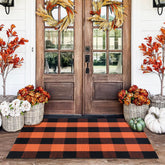 Orange and Black Plaid Rug, 28'' x 43'' Fall Outdoor Front Door Decor Mat, Cotton Washable Hand-Woven Rug for Layered Doormat, Autumn Halloween Thanksgiving Carpet for Porch, Entryway