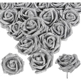 Silver Glitter Roses 30Pcs Artificial Roses With Stems Glitter Foam Flowers 2.56" Silver Flowers Fake Roses For Bridal Shower Wedding Bouquet Table Decor