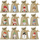 Christmas Burlap Gift Bags With Drawstrings 24Pcs, Watercolor 12 Designs Christmas Gnome Linen Wrapping Bags, Small Christmas Treat Candy Bags For Holiday Party Favor Supplies