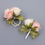 Prom Rose Corsage Boutonniere Set Real Touch Flowers For Party Ball Dancing Wedding With Lace Bow Décor (Pink+Champagne)