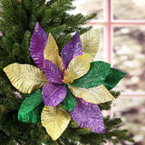 4 Pcs 16'' Mardi Gras Flowers Mardi Gras Poinsettia Flowers Artificial Extra Large Glitter Poinsettia Picks Stems Ornaments Purple Gold Green Foldable Floral For Holiday Party Decorations