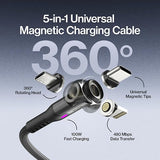 10FT 100W 3 in 1 Magnetic Charging Cable USB C Micro USB Lightning Tips Black