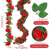 4 Pack 32 Ft Red Flower Garland Artificial Rose Vines Roses Fake Vine Flowers Plants Party Supplies For Holiday Wedding Garden Craft Art Decoration