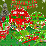 203Pcs Whoville Christmas Decorations Welcome To Whoville Banner Paper Plates Green Table Cloth Green Napkins Forks For Christmas Party Supplies