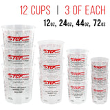 Paint Mixing Cup Kit - 12 Plastic Paint Cups (3 Of Each Size 12, 24, 44, 72 Ounce), Sticks, Strainers, Tack Cloths, Mixer Blade & Can Opener - Epoxy Resin Mixing Cups For Measuring