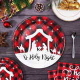 100Pcs Christmas Tableware Set Jesus Holy Night Disposable Paper Plates Napkins Cups Xmas Religious Red Black Buffalo Plaid Dinnerware Set Serves Guests For Christmas Baptism Party Supplies