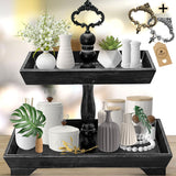 Rectangle Rustic Wood Two Tiered Tray, 2 Tier Serving Tray For Coffee Bar, Kitchen Counter, Dining Room Table, Cupcake Stand, Holiday And Farmhouse Decor (Rustic Black)