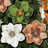 15 Pcs Christmas Magnolia Flowers Tree Ornaments Velvet Poinsettia Burgundy Artificial Light Brown Dark Green Beige Glitter Floral Picks Stems For Tree Xmas Centerpiece Decoration Wedding
