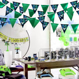 32Ft Video Game On Party Decorations Metallic Green Blue Black Gaming Fabric Pennant Banner Triangle Flag Garland Streamer For Gamer Birthday Video Game Baby Shower Outdoor Gaming Party Supplies