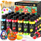 40 Pcs Metallic Acrylic Paint Set With 12 Brushes, 2 Knives & Palette, 24 Colors (2Oz/60Ml) - For Adults, Artists & Beginners - Canvas Ceramic Rock Wood Pumpkin Painting Kit