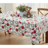 Merry Christmas Stocking Holiday Vinyl Tablecloth With Flannel Backing – Festive Wreaths, Poinsettias & Noel Script, Easy-Care Wipe Clean Table Cover, 60 X 120 Inch Rectangle