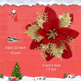15 Pcs Red Poinsettia Flower Artificial Poinsettias With Clips Christmas Decorations Glitter Poinsettia Christmas Ornaments Xmas Tree Flower Decor With Stems Diy Xmas Wreath Home Holiday Party