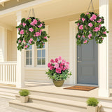 2 Set Artificial Flowers Hanging Baskets For Outdoor Indoor Spring Decoration,15" X 30" X15", Fake Silk Pink Geraniums In 9" Baskets Arrangements For Patio, Balcony, Yard Decor