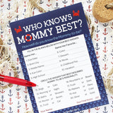 Ahoy Its A Boy Baby Shower Game, Nautical Who Knows Mommy Best Party Activity - 20 Game Cards