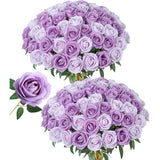 50 Pcs Purple Roses Artificial Flowers, Fake Roses With Stem Realistic Silk Roses For Diy Wedding Bouquets Table Centerpieces Arrangements Baby Shower Birthday Home Decor Valentine'S Day Gift For Her