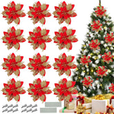 12 Pcs Christmas Glitter Poinsettia Flowers With Clips Stems Xmas Tree Wreaths Garland Decoration Ornaments Artificial Floral Picks Decor For Diy Wreath New Year Wedding Home Party (Red Gold)