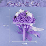 , Wedding Bouquets Flower Bridal Bridesmaid Pearl Silk Artificial Rose For Bride Party And Church (Purple)