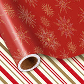 Red Christmas Wrapping Paper Roll, Gold Snowflakes And Holiday Stripes Reversible Elegant Design For Festive Winter Holiday, Family Gathering, For Girls, Kids, Mini Roll 17 In X 16.4 Ft