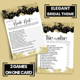 Black And Gold Bridal Shower Games - He Said Or She Said & Who Knows The Bride Best - 25 Double-Sided Cards Bundle - Fun Ideas For Engagement Parties, Rehearsal Dinners, Modern Watercolor Design
