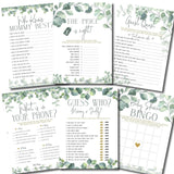 Baby Shower Games (Set Of 6 Fun Activities For 25 Guests) - Neutral Greenery Floral Eucalyptus Theme - Perfect For Boy Or Girl - 1 Game Printed Per Side