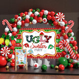 Ugly Sweater Party Supplies, 142Pcs Ugly Christmas Sweater Party Decorations Balloon Arch Kit, Green Red Gold White Balloons With Large Ugly Sweater Party Backdrop For Christmas Party Decorations