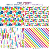 Birthday Wrapping Paper Sheet - 12 Sheets Folded Flat Gift Wrap With “Happy Birthday” Candles, Balloons, Colorful Stripes For Party, Baby Shower - 20 X 28 Inch Per Sheet