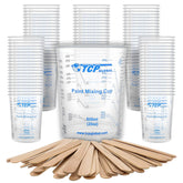 TCP Global 20 oz. (600ml) Graduated Plastic Mixing Cups - Box of 100 with 50 Mixing Sticks - Disposable Plastic Measuring Cups for Liquids, Paints, Resin, Epoxy, Art, Kitchen - Ratios 2-1, 3-1, 4-1 ML