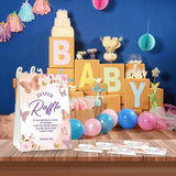 Diaper Raffle Party Games, Butterfly Baby Shower Game, Blush Pink Floral Themed Baby Gender Reveal Party Supplies & Activities -1 Double Sided Standing Sign + 50 Guessing Cards (A04)