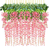 12 Pack 1 Piece 3.6 Feet Artificial Fake Wisteria Vine Ratta Hanging Garland Silk Flowers String Home Party Wedding Decor (Pink)