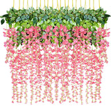 12 Pack 1 Piece 3.6 Feet Artificial Fake Wisteria Vine Ratta Hanging Garland Silk Flowers String Home Party Wedding Decor (Pink)