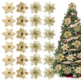 24Pcs Christmas Poinsettia Tree Decoration Glitter Gold Artificial Flowers With 24Pcs Clips Xmas Tree Flowers Ornaments Wreath Decor For Holiday Party New Year Home Outdoor Porch Garden