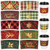 60Pcs Christmas Coffee Tea Cup Sleeves 10 Designs Buffalo Plaid Merry Christmas Jacket Sleeves For 12 And 16Oz Disposable Paper Cup For Xmas Hot Chocolate Cocoa Cold Beverage