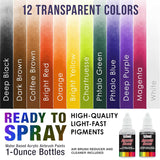 Airbrush Paint Set - 12 Color Transparent With Reducer & Cleaner, Ready To Spray Air Brush Paint, 1-Ounce Water-Based Acrylic For Painting Metal, Plastic Models, Canvas, Wood