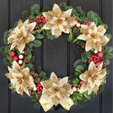 Poinsettia Christmas Decorations Flowers - 12Pcs Artificial Red Gold Poinsettia Christmas Tree Ornaments Glittery For Xmas New Year Wedding Party Wreath Diy Garland Decor (Gold)