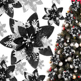 36 Pieces Glitter Christmas Poinsettia Artificial Xmas Flower Ornaments Flowers Decorations With Clips And Stem Glitter Poinsettia Christmas Tree Ornaments For Xmas Wedding (Black And Silver)