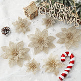 24 Pieces Glitter Poinsettia Flowers Christmas Tree Ornaments, Glitzy Poinsettia Bushes Christmas Decorations For Xmas/Holiday/Seasonal/Wedding (Champagne)
