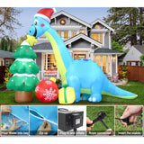 13.6 Ft Long Christmas Inflatable Decorations, Huge Xmas Inflatable Dragon Dinosaur With Trees Gift Hats Decors Built-In