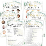 Hilarious Baby Shower Games Set – 75 Double-Sided Cards For 25 To 75 Guests, 6 Games, Predictions, Who Knows Mommy, Beer Belly Or Baby Bump, Gender Neutral And Fun For Boys & Girls (Greenery)