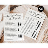 50 He Said She Said Game (50-Cards) Wedding Bridal Shower, Fun Bachelorette, Rehearsal Dinner, Minimalist