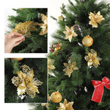 24Pcs Christmas Poinsettia Tree Decoration Glitter Gold Artificial Flowers With 24Pcs Clips Xmas Tree Flowers Ornaments Wreath Decor For Holiday Party New Year Home Outdoor Porch Garden