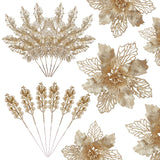 24 Pcs Christmas Tree Decorations, 12 Pcs Poinsettia Flowers Artificial+6 Pcs Glitter Holly Berry Stems+6 Berry Leaves Christmas Tree Picks For Party Wreath Fireplace, Champagne Gold