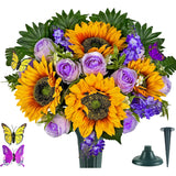 Artificial Cemetery Flowers - Memorial Flowers - Outdoor Grave Flower Decorations,Sympathy Flower With Vase - Rose Sunflower Hyacinth
