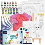 Acrylic Paint Set For Kids - Non Toxic Washable Paint - 32 Pcs Painting Kit For Kids With Blank & Pre-Drawn Canvas Boards, Wooden Easel, Brushes, Mixing Palette, Washing Cup & Pink Smock